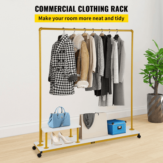 VEVOR Clothing Garment Rack, 59.1"x14.2"x63.0", Heavy-Duty Clothes Rack w/Bottom Shelf & Side Shelf, 4 Swivel Casters, Sturdy Steel Frame, Rolling Clothes Organizer for Retail Store Boutique, Gold - Loomini