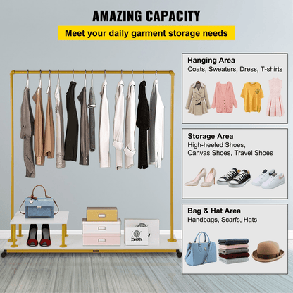 VEVOR Clothing Garment Rack, 59.1"x14.2"x63.0", Heavy-Duty Clothes Rack w/Bottom Shelf & Side Shelf, 4 Swivel Casters, Sturdy Steel Frame, Rolling Clothes Organizer for Retail Store Boutique, Gold - Loomini