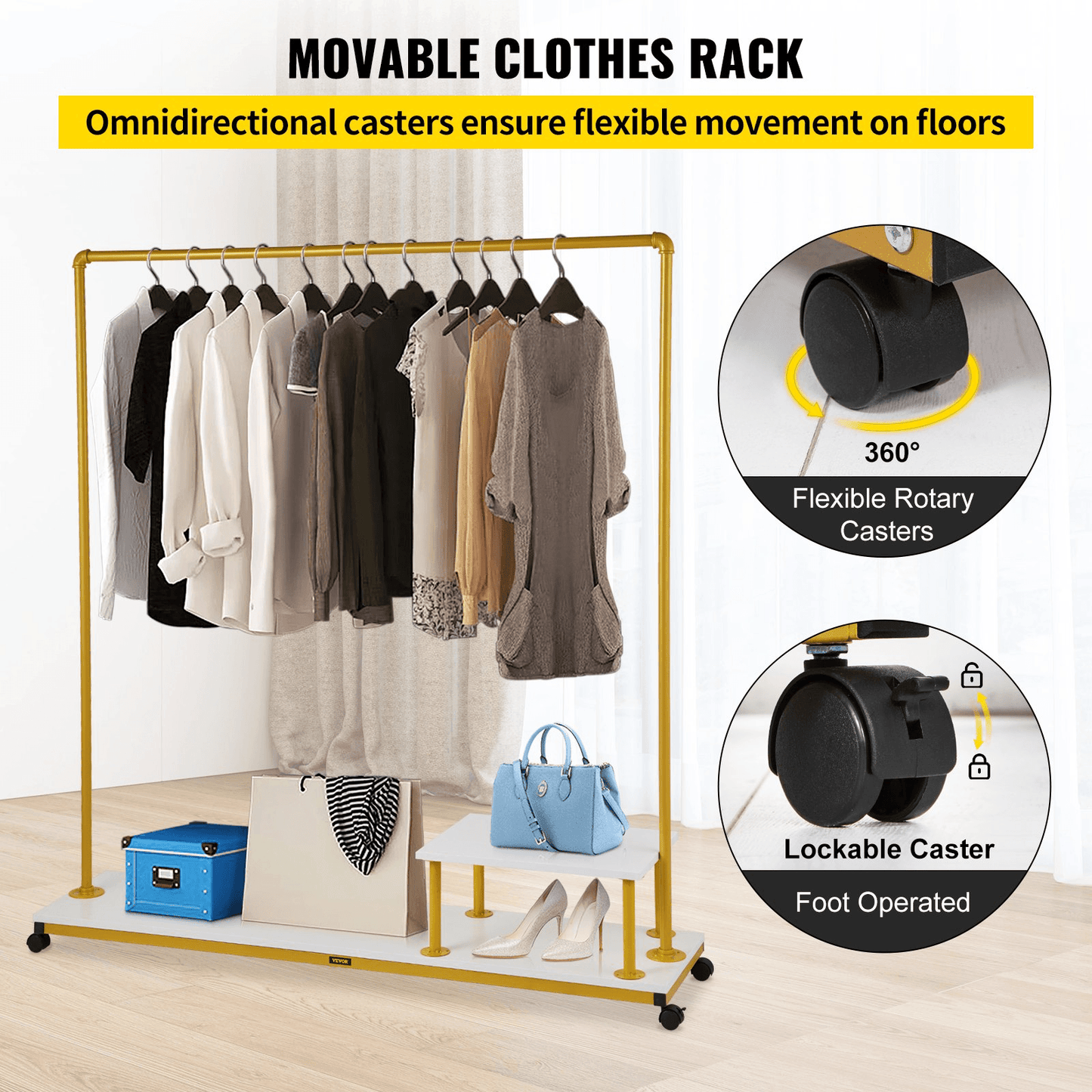 VEVOR Clothing Garment Rack, 59.1"x14.2"x63.0", Heavy-Duty Clothes Rack w/Bottom Shelf & Side Shelf, 4 Swivel Casters, Sturdy Steel Frame, Rolling Clothes Organizer for Retail Store Boutique, Gold - Loomini