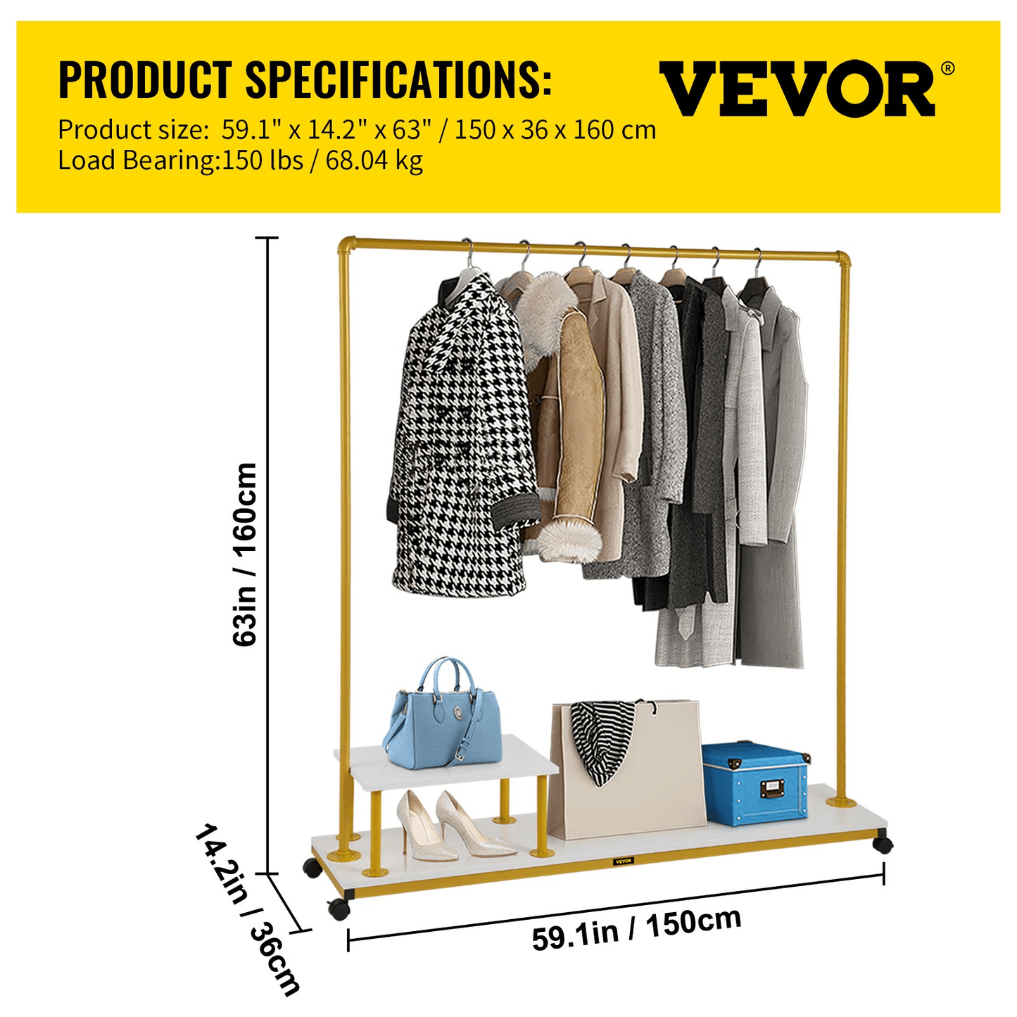 VEVOR Clothing Garment Rack, 59.1"x14.2"x63.0", Heavy-Duty Clothes Rack w/Bottom Shelf & Side Shelf, 4 Swivel Casters, Sturdy Steel Frame, Rolling Clothes Organizer for Retail Store Boutique, Gold - Loomini