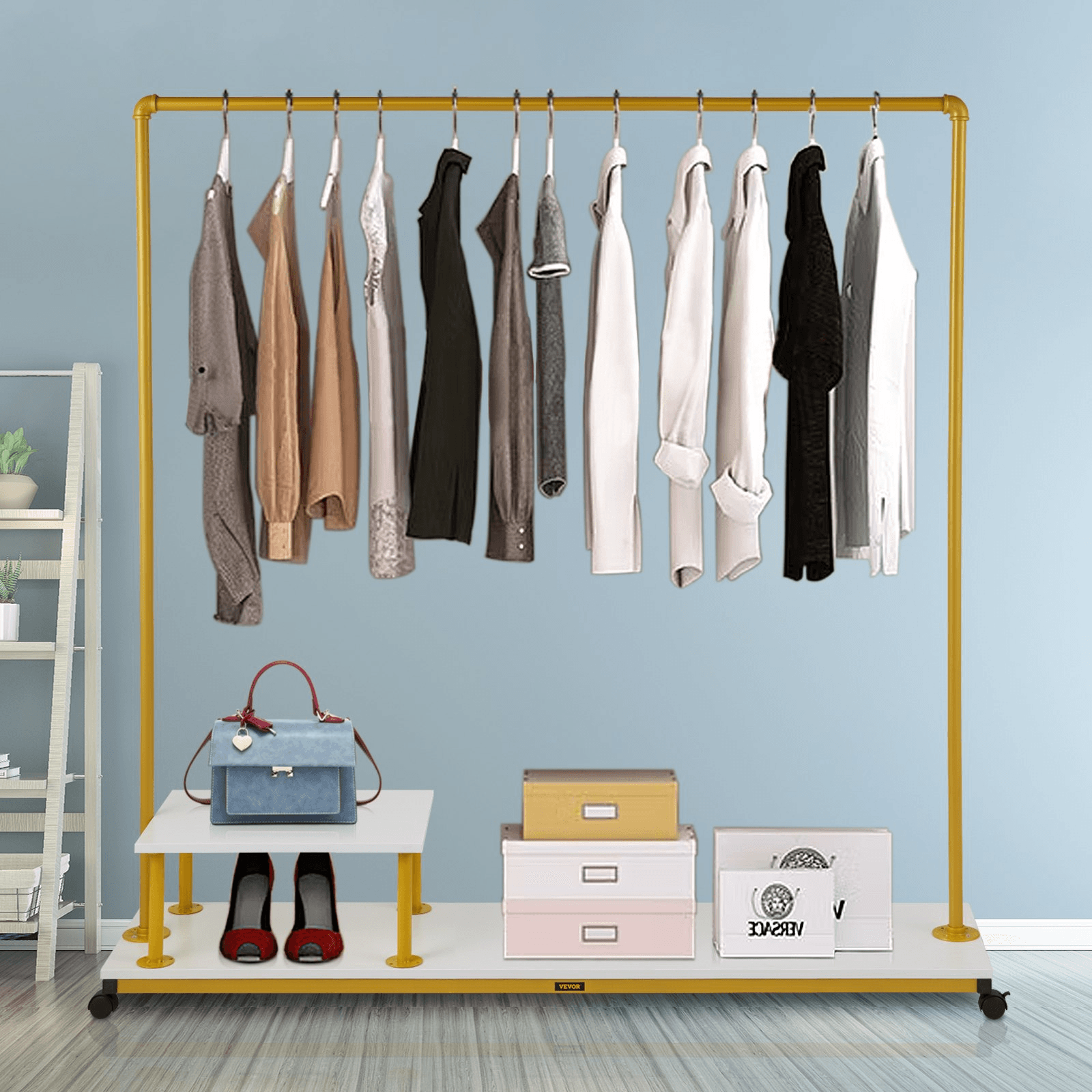 VEVOR Clothing Garment Rack, 59.1"x14.2"x63.0", Heavy-Duty Clothes Rack w/Bottom Shelf & Side Shelf, 4 Swivel Casters, Sturdy Steel Frame, Rolling Clothes Organizer for Retail Store Boutique, Gold - Loomini