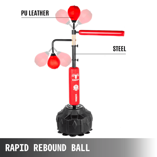 VEVOR Boxing Speed Trainer, Punching Bag Spinning Bar, Training Boxing Ball with Reflex Bar & Gloves, Solid Speed Punching Bag Free Standing, Adjustable Height, for Adult&Kid, Red with Two Ball - Loomini