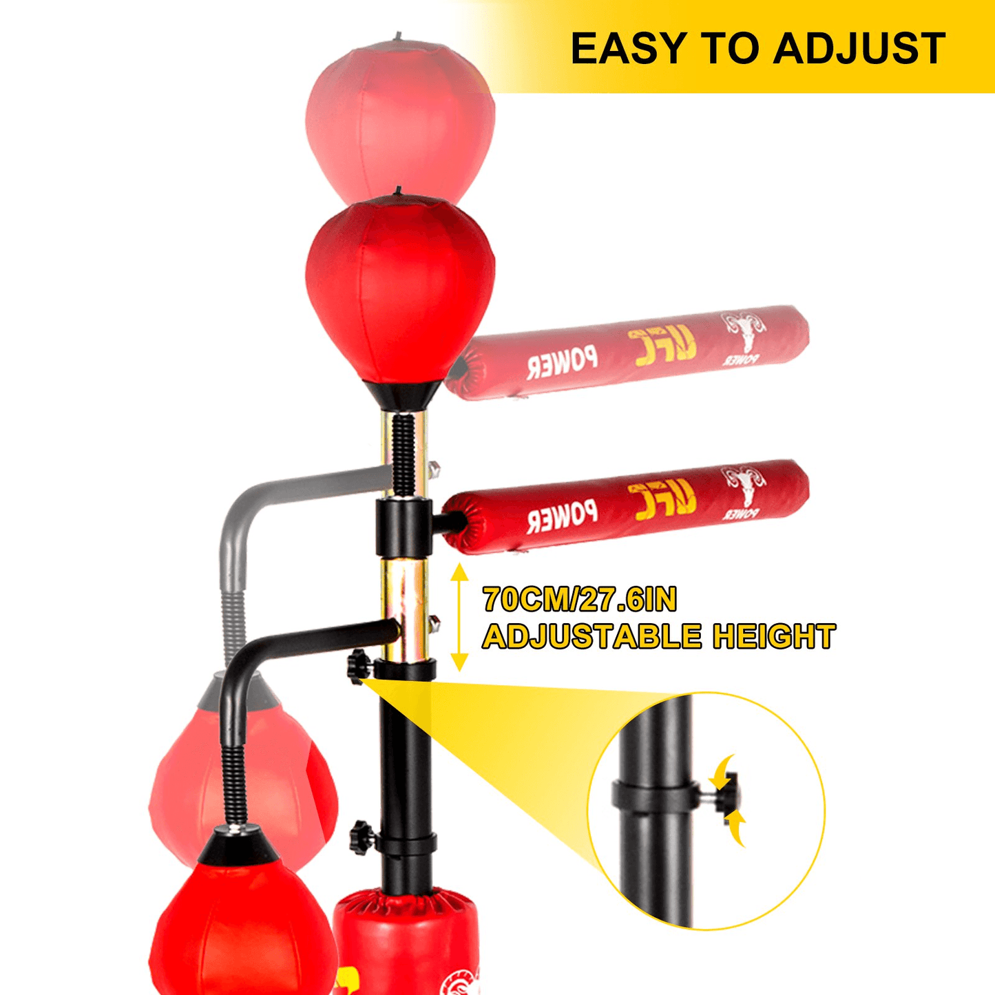 VEVOR Boxing Speed Trainer, Punching Bag Spinning Bar, Training Boxing Ball with Reflex Bar & Gloves, Solid Speed Punching Bag Free Standing, Adjustable Height, for Adult&Kid, Red with Two Ball - Loomini