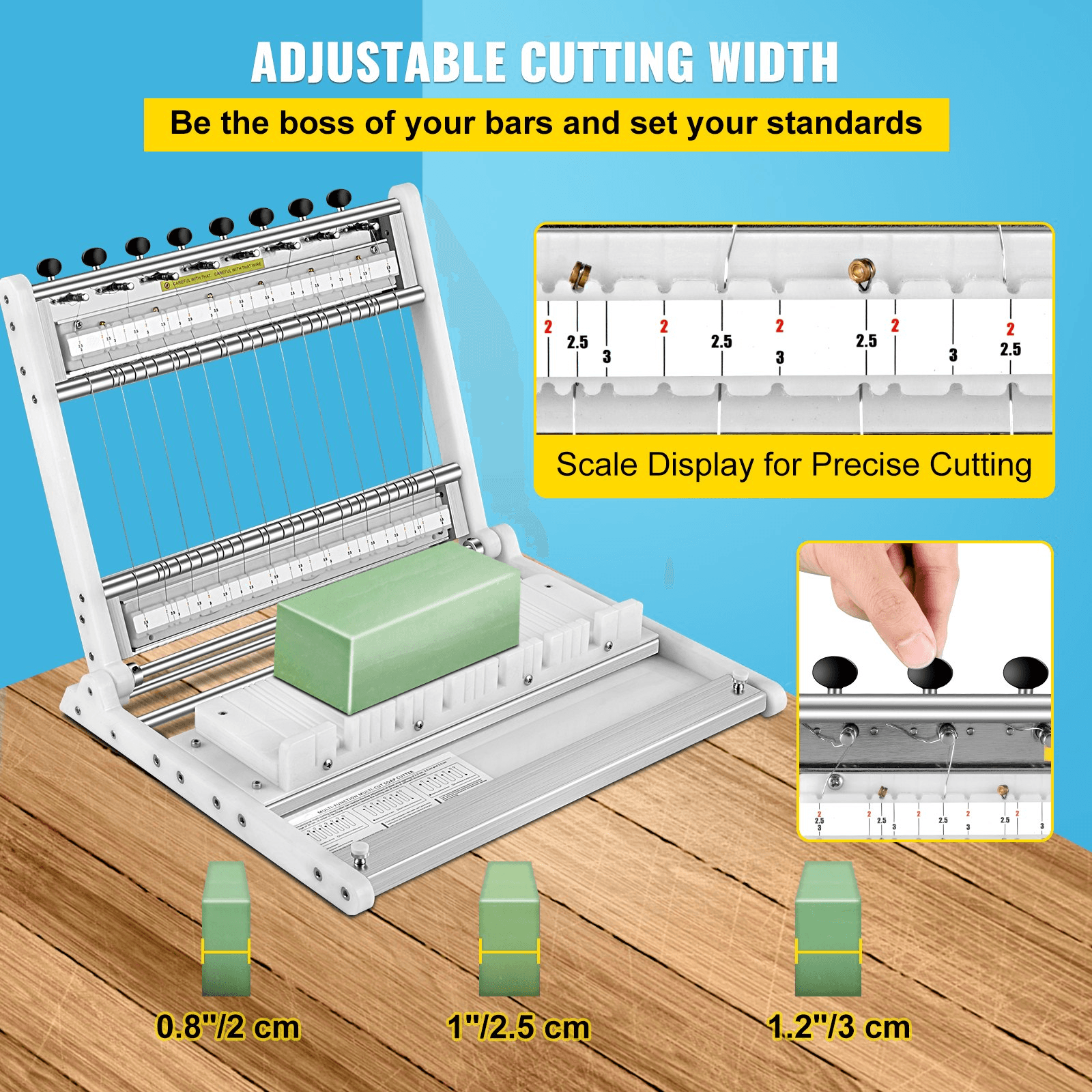 VEVOR Soap Cutter, Cuts 1-15 Bars, 0.8/1/1.2 inch Adjustable Width Slicer with Size Scale, Stainless Steel Multi Handmade Soap Wire Cutting Machine for Candles Trimming Cheese Butter DIY Making Tool - Loomini