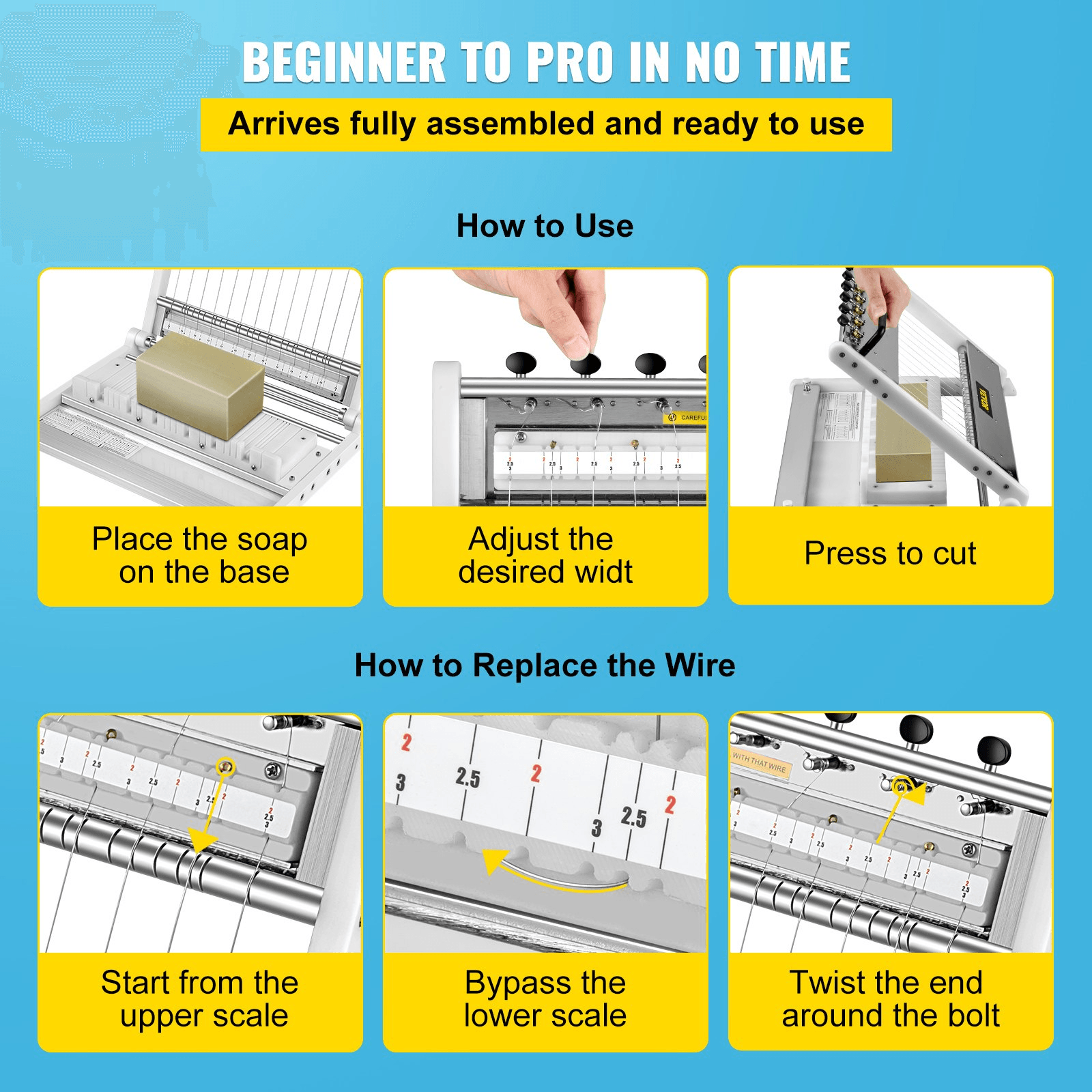 VEVOR Soap Cutter, Cuts 1-15 Bars, 0.8/1/1.2 inch Adjustable Width Slicer with Size Scale, Stainless Steel Multi Handmade Soap Wire Cutting Machine for Candles Trimming Cheese Butter DIY Making Tool - Loomini