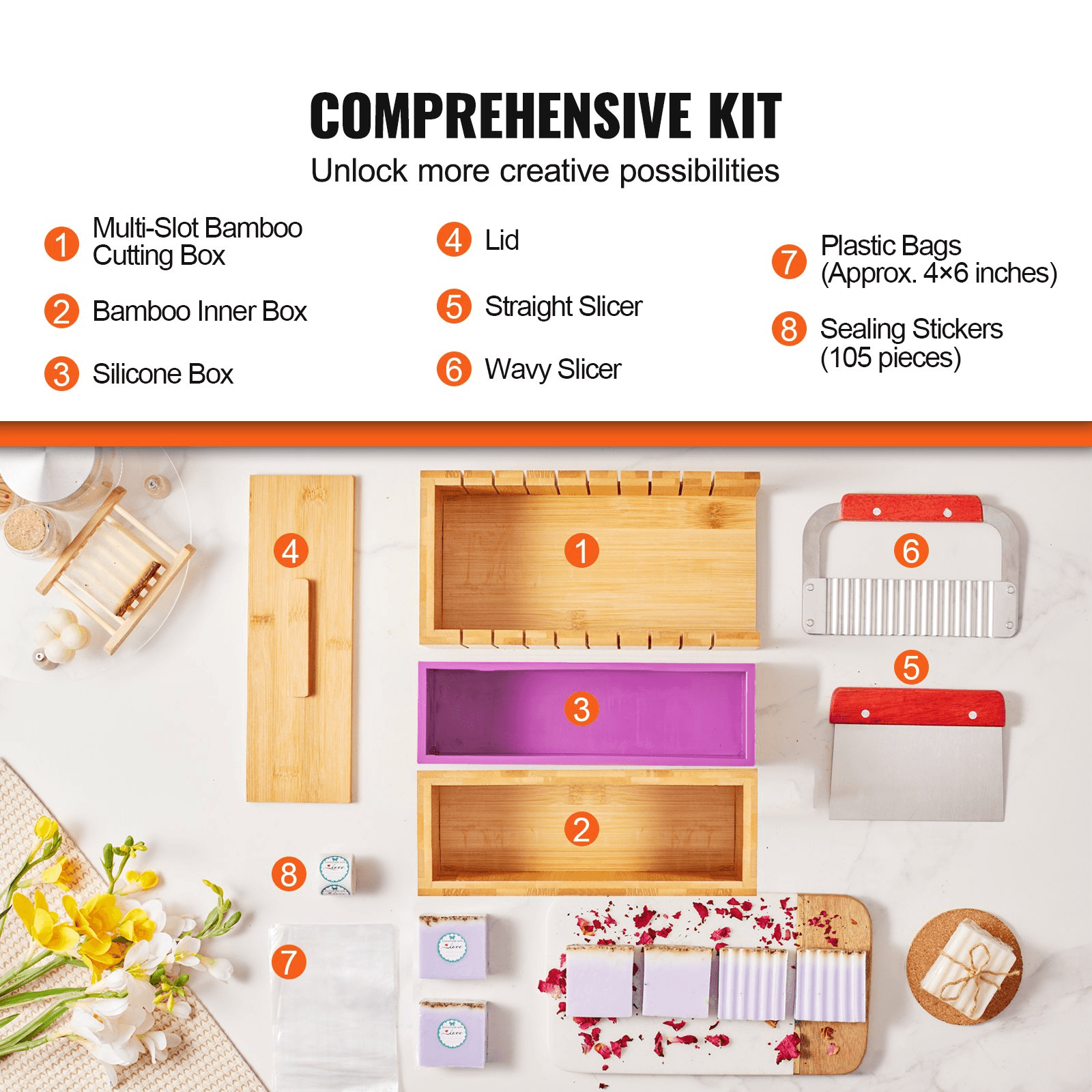 VEVOR Soap Making Kit, Bamboo Cutting Box and Inner Box with Silicone Mold, Stainless Steel Straight Cutter and Wavy Cutter, 100 Bags and 105 Stickers, Soap Making Supplies DIY Kits for Adults - Loomini