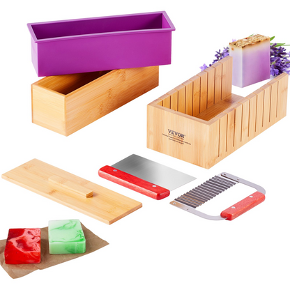 VEVOR Soap Making Kit, Bamboo Cutting Box and Inner Box with Silicone Mold, Stainless Steel Straight Cutter and Wavy Cutter, 100 Bags and 105 Stickers, Soap Making Supplies DIY Kits for Adults