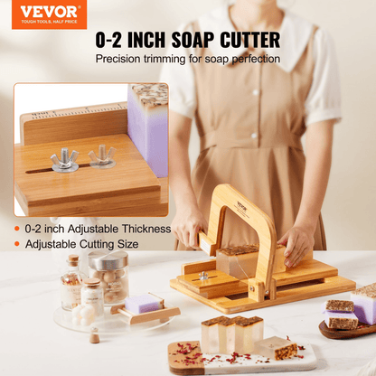 VEVOR Soap Cutter, 0-2 inch Adjustable Thickness, Bamboo Soap Slicer With Adjustable Stainless Steel Wire, Multi Handmade Soap Wire Cutter for Loaf, Candles, Cheese, Butter, DIY Making Cutting Tool - Loomini