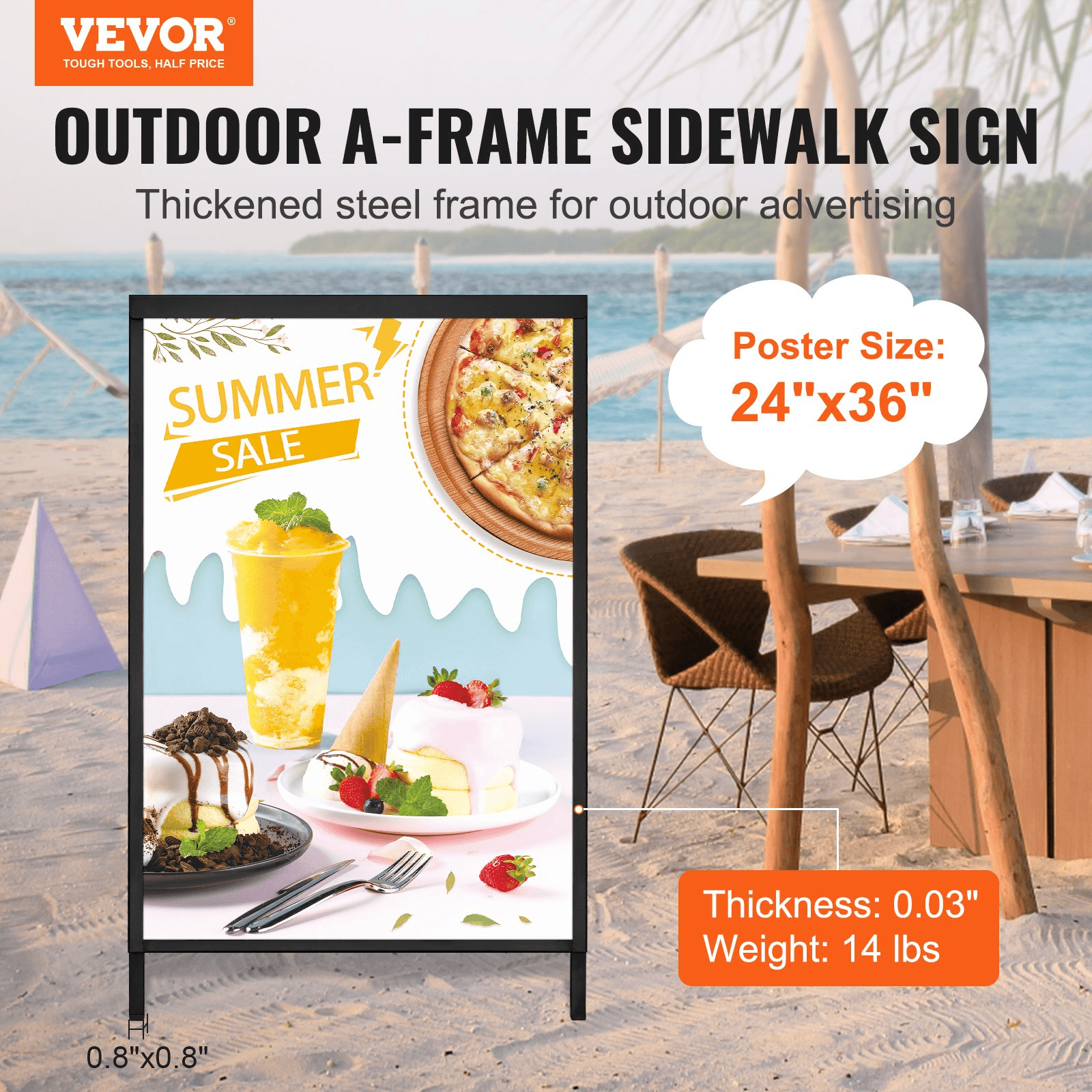 VEVOR A Frame Sidewalk Sign, 24x36 Inch Heavy Duty Slide-in Signboard Holder, Double-Sided Folding Sandwich Board Signs, Steel Pavement Sign Poster for Outdoor Business Street Advertising (Frame only) - Loomini