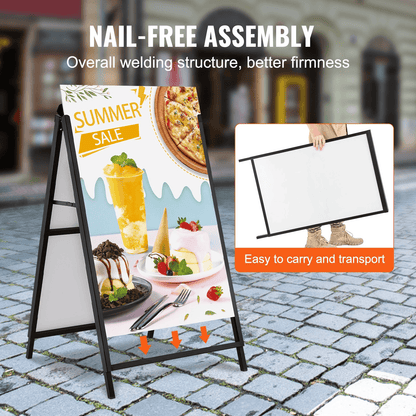 VEVOR A Frame Sidewalk Sign, 24x36 Inch Heavy Duty Slide-in Signboard Holder, Double-Sided Folding Sandwich Board Signs, Steel Pavement Sign Poster for Outdoor Business Street Advertising (Frame only) - Loomini