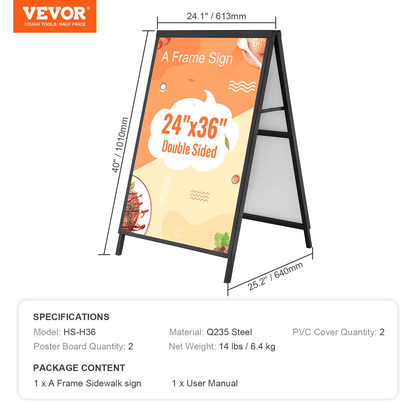 VEVOR A Frame Sidewalk Sign, 24x36 Inch Heavy Duty Slide-in Signboard Holder, Double-Sided Folding Sandwich Board Signs, Steel Pavement Sign Poster for Outdoor Business Street Advertising (Frame only) - Loomini