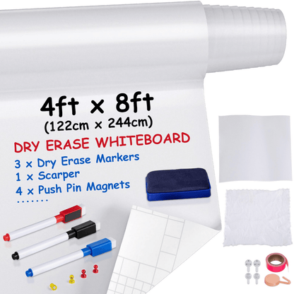 VEVOR White Board Paper, 8x4 ft Dry Erase Whiteboard Paper w/ Adhesive Backing, Removable Peel and Stick PET Surface, No Ghost for Kids Home and Office, 3 Markers, 4 Push Pin Magnets & Eraser - Loomini