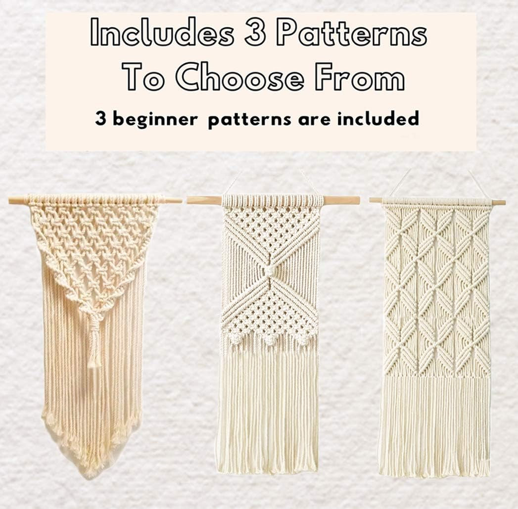 DIY Macrame Wall Hanging Kits, 3 Patterns Macrame DIY Wall Hangers for Beginners, Home Decor with 200 Meters Macrame Cord, 3 PCS Wooden Dowels and Instruction Booklet for Macrame Starters