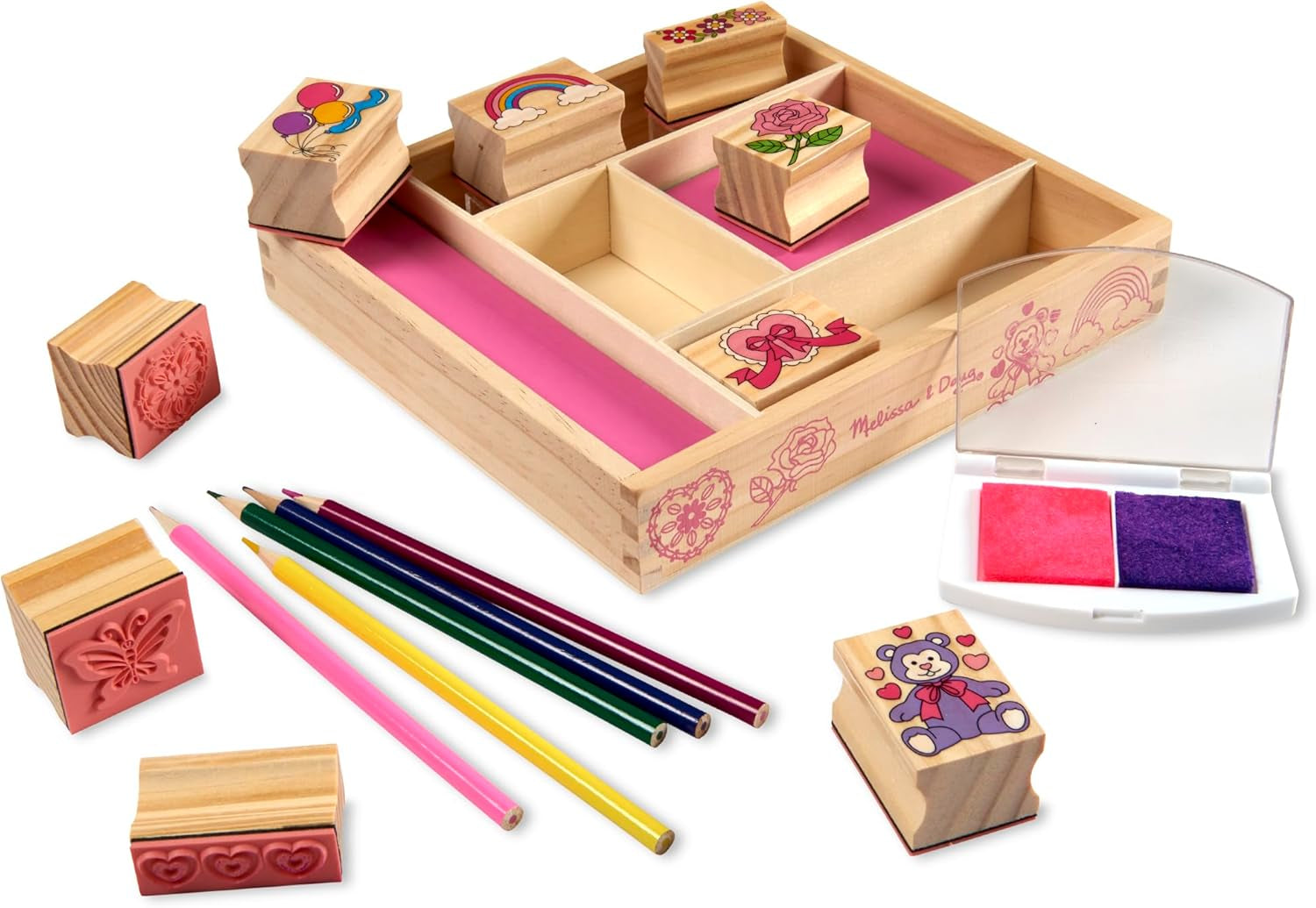 Wooden Stamp Set: Friendship - 9 Stamps, 5 Colored Pencils, and 2-Color Stamp Pad - FSC Certified