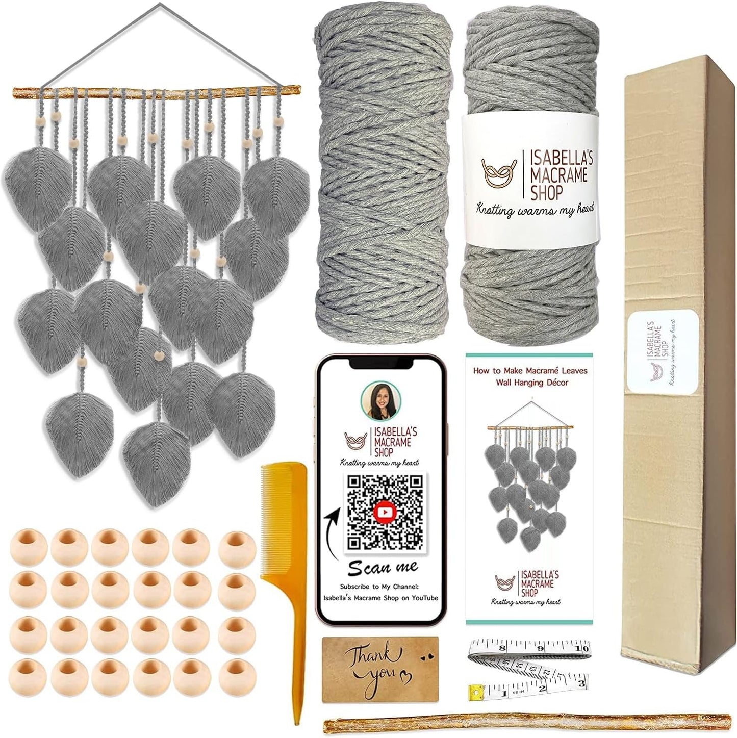 3Mmx180Yards Boho Macrame Kit -Macrame Supplies - Boho DIY Kits - Macrame Kits for Adults Beginners - Macrame Wall Hanging Kit -Leaf Tapestry, with 2 Macrame Rolls, Accessories & QR Code (Green)