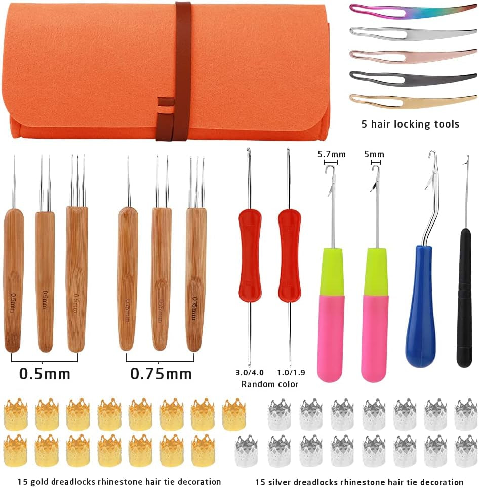 Dreadlock Crochet Hook, 48 Pcs Dreadlock Crochet Hook Tool, 6 Dreadlock Crochet Needle, Different Size Bent Latch Hook, Crochet Needle for Hair Braiding with Case and Dreadlocks Tool