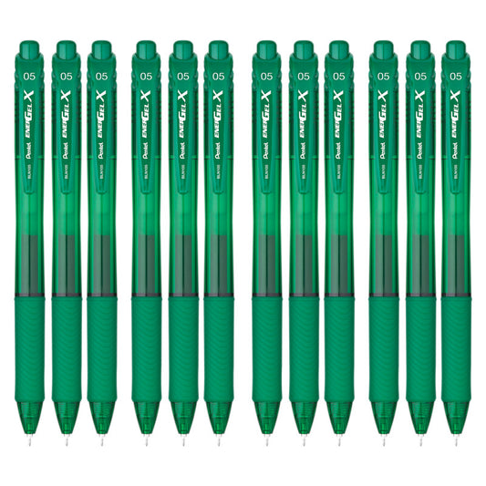 EnerGel-X Retractable Liquid Gel Pen, (0.5mm) Needle Tip, Fine Line, Green Ink, 1 Dozen