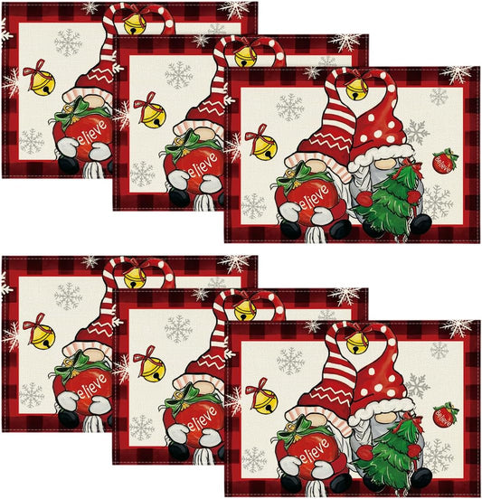 Gnome Believe Xmas Balls Christmas Placemats Set of 6, 12X18 Inch Seasonal Black and Red Winter Snowflake Table Mats for Party Kitchen Dining Decoration