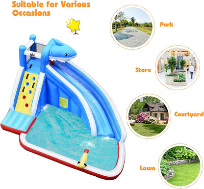 Inflatable Water Slide, Shark Themed Waterslide Park for Kids Backyard Outdoor Fun W/Long Slide, Splashing Pool, 750W Blower, Blow up Water Slides Inflatables for Kids and Adults Party Gifts