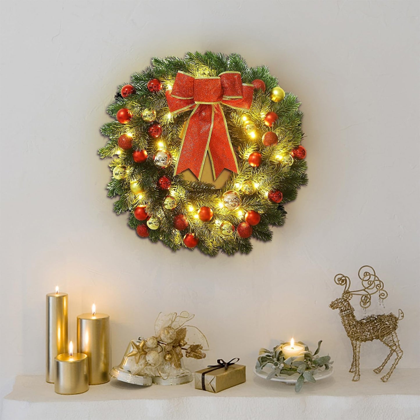 21 Inch Pre-Lit Christmas Wreath with Metal Hanger, Lighted Xmas Folded Wreath with 60 LED Lights, Red Bow and Colorful Balls, Battery Operated & Timer for Outdoor Home Window Wall Front Door