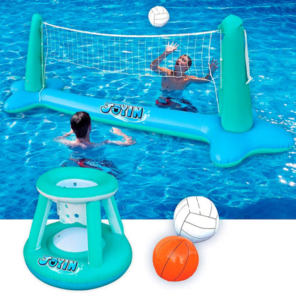 Inflatable Pool Float Set Volleyball Net & Basketball Hoops, Floating Swimming Game Toy for Kids and Adults, Summer Floaties, Volleyball Court (105”X28”X35”)|Basketball (27”X23”X27”),L-Orange