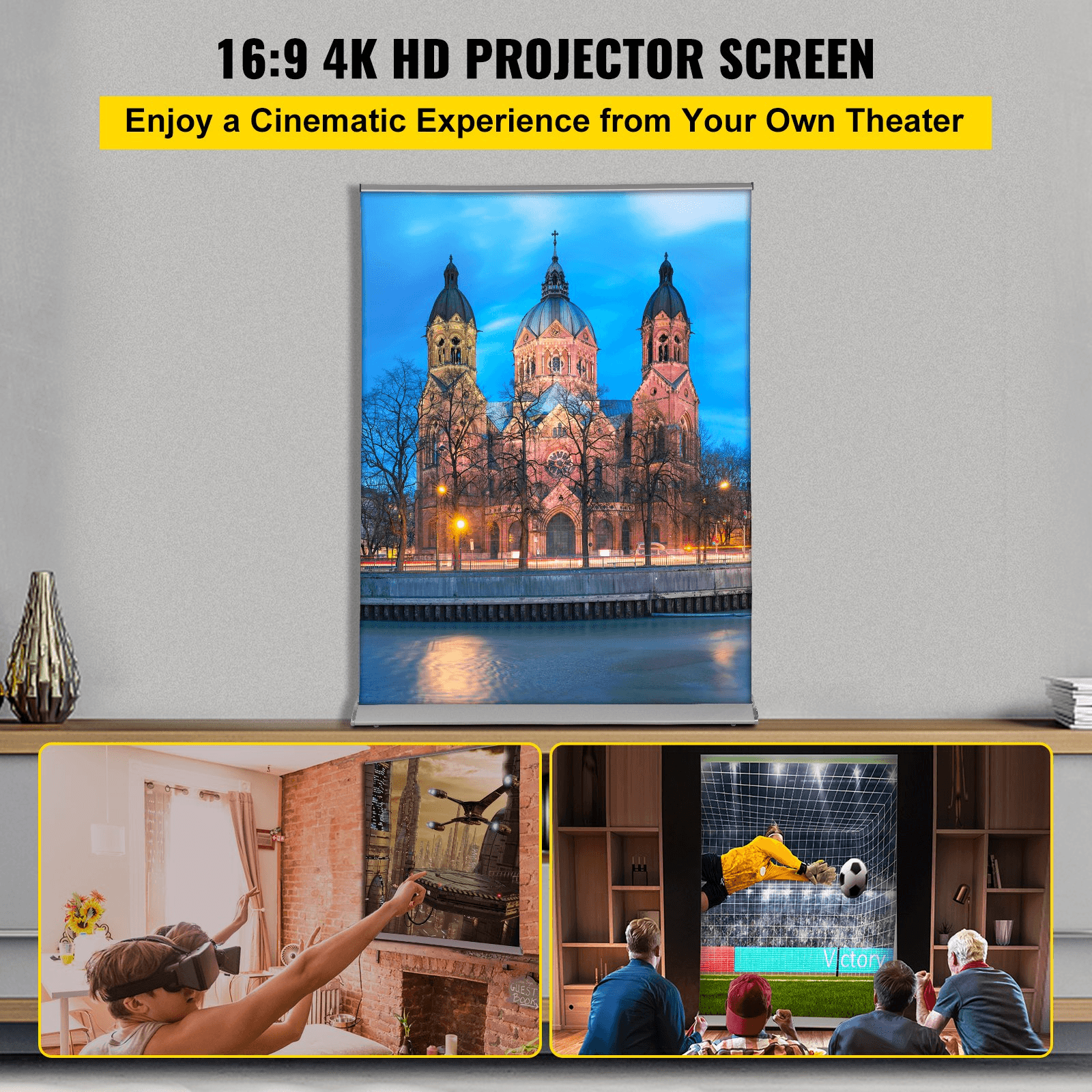 VEVOR Manual Pull Up Projector Screen 70inch 16:9 Projector Screen Free Standing 4K/8K, Portable Floor-Rising Projection Screen Ultra HDR with Storage Bag for Home Backyard Theater Office - Loomini