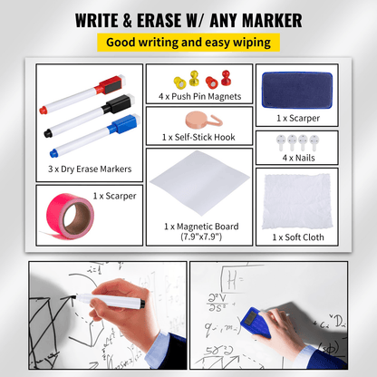 VEVOR White Board Paper, 8x4 ft Dry Erase Whiteboard Paper w/ Adhesive Backing, Removable Peel and Stick PET Surface, No Ghost for Kids Home and Office, 3 Markers, 4 Push Pin Magnets & Eraser - Loomini