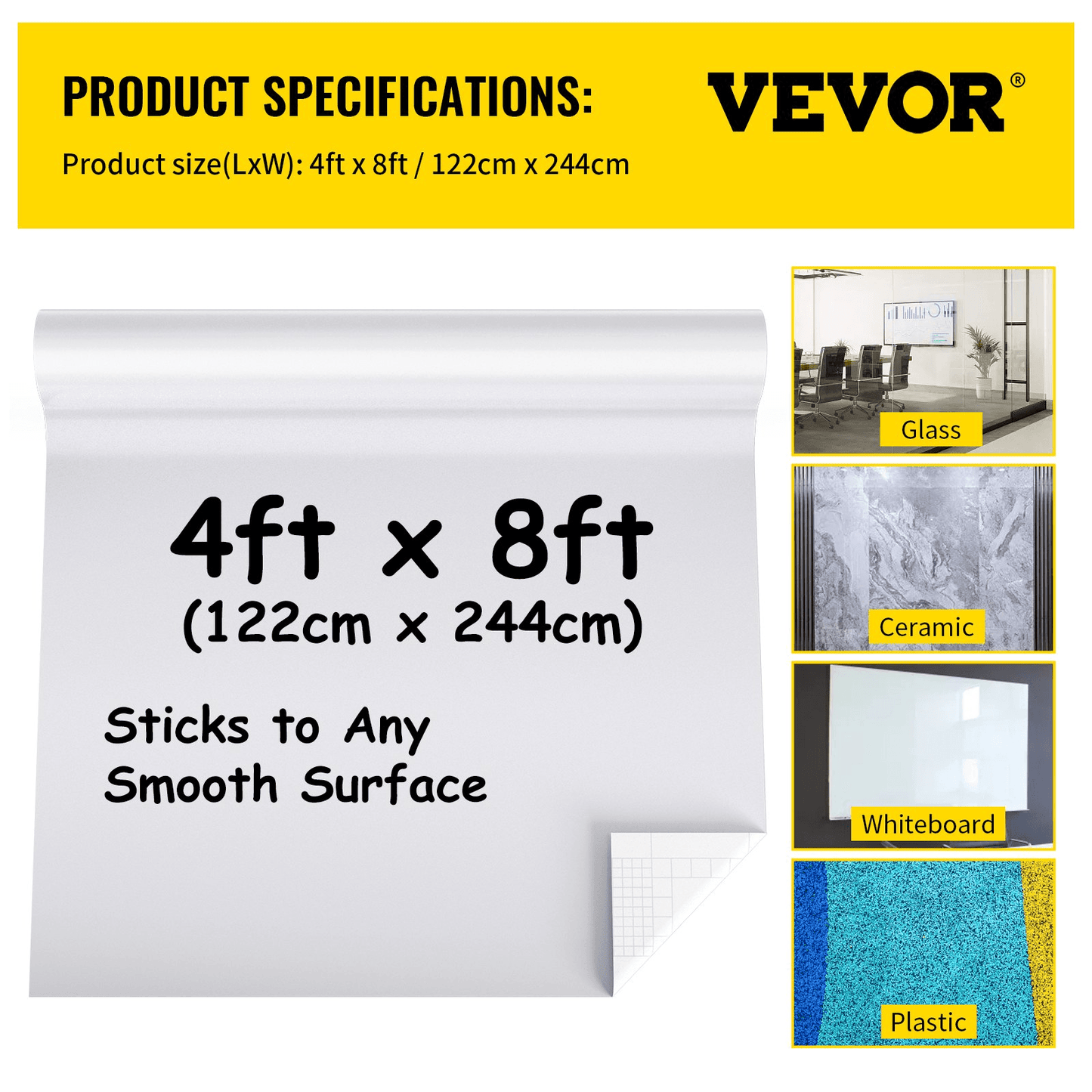 VEVOR White Board Paper, 8x4 ft Dry Erase Whiteboard Paper w/ Adhesive Backing, Removable Peel and Stick PET Surface, No Ghost for Kids Home and Office, 3 Markers, 4 Push Pin Magnets & Eraser - Loomini