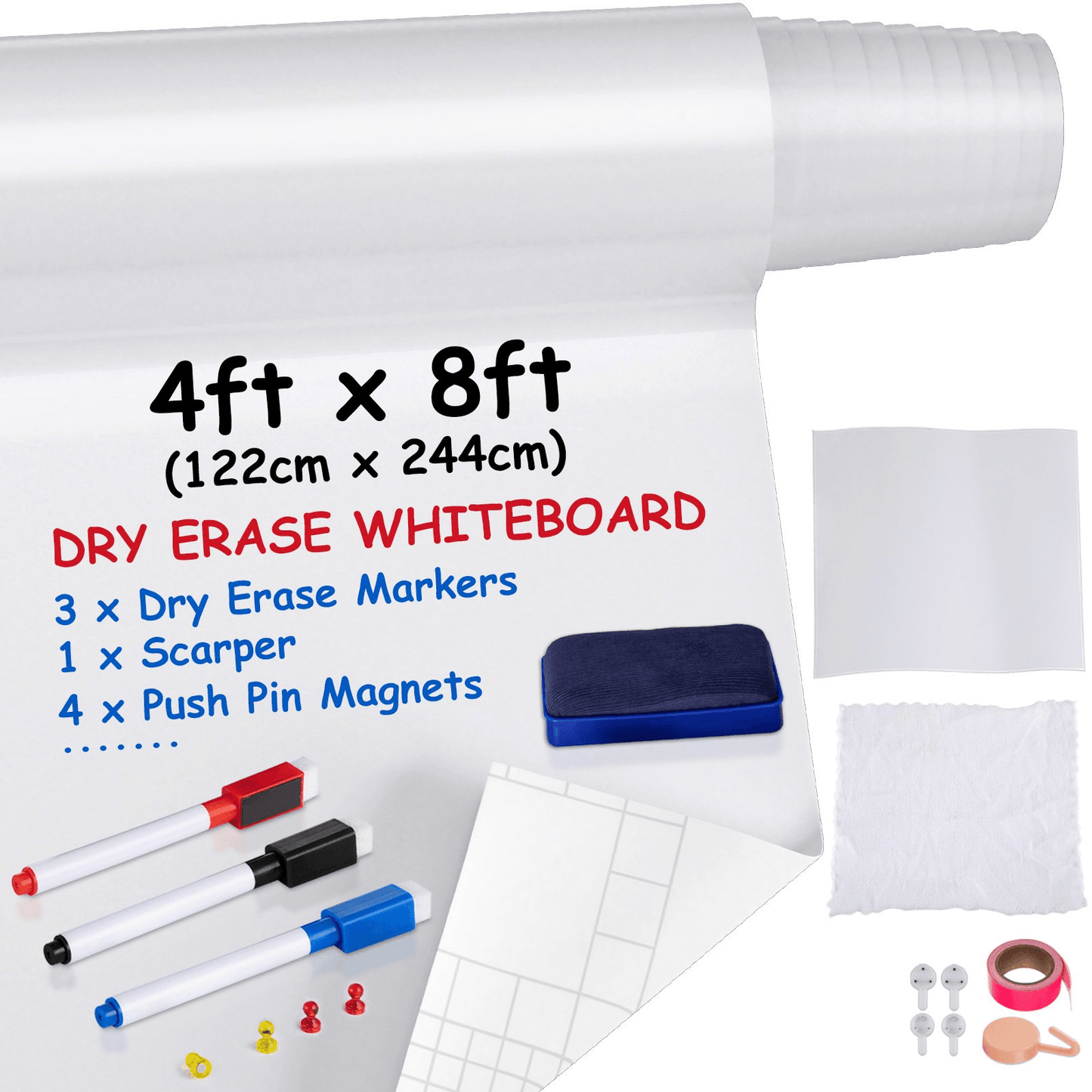 VEVOR White Board Paper, 8x4 ft Dry Erase Whiteboard Paper w/ Adhesive Backing, Removable Peel and Stick PET Surface, No Ghost for Kids Home and Office, 3 Markers, 4 Push Pin Magnets & Eraser - Loomini