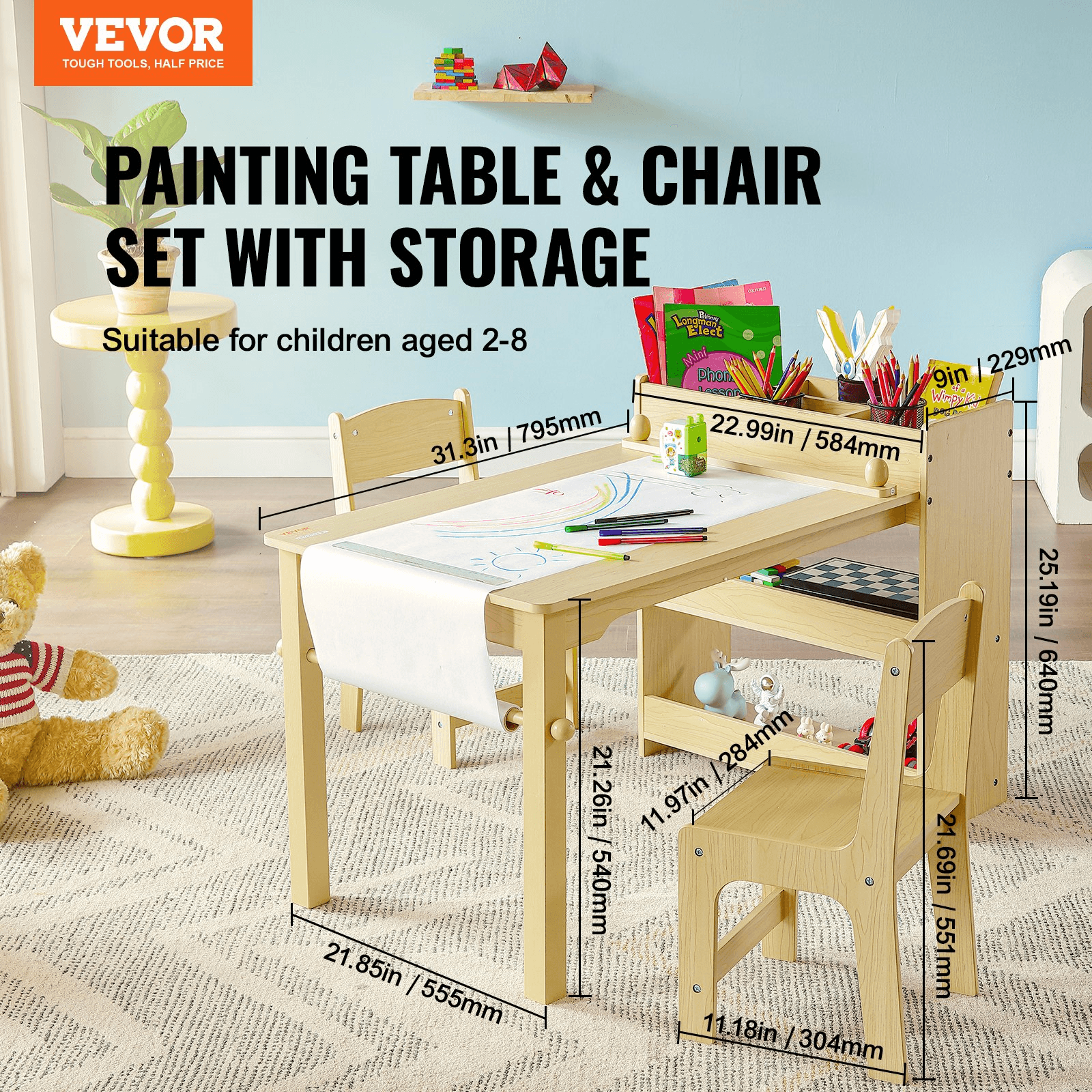 VEVOR Kids Art Table and 2 Chairs, 2-in-1 Toddler Craft and Play Activity Table, Wood Toddler Table and Chair Set with A Cabinet for Art, Craft, Reading, Learning - Loomini