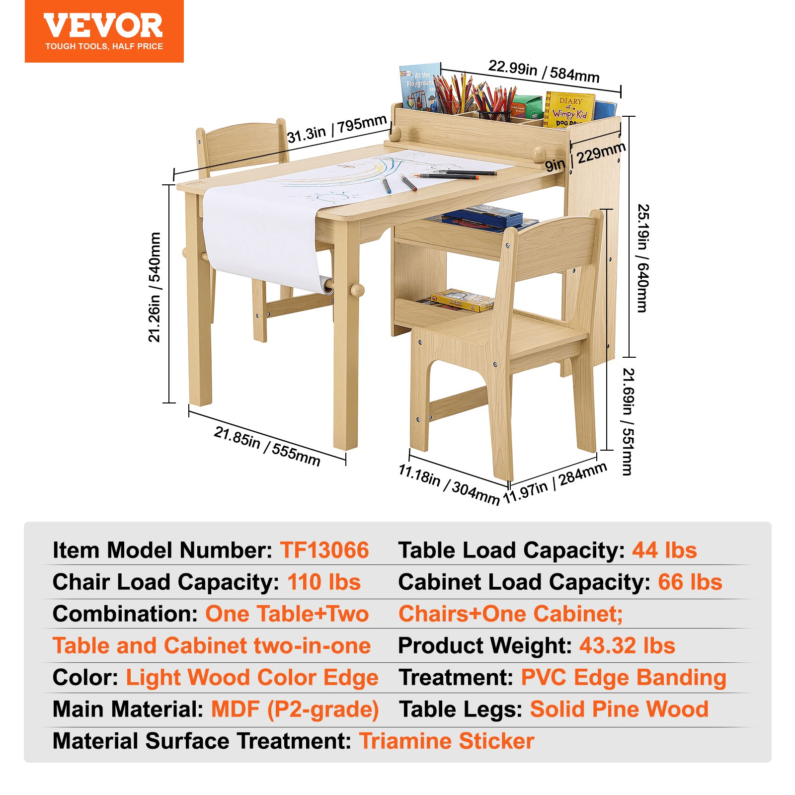 VEVOR Kids Art Table and 2 Chairs, 2-in-1 Toddler Craft and Play Activity Table, Wood Toddler Table and Chair Set with A Cabinet for Art, Craft, Reading, Learning - Loomini