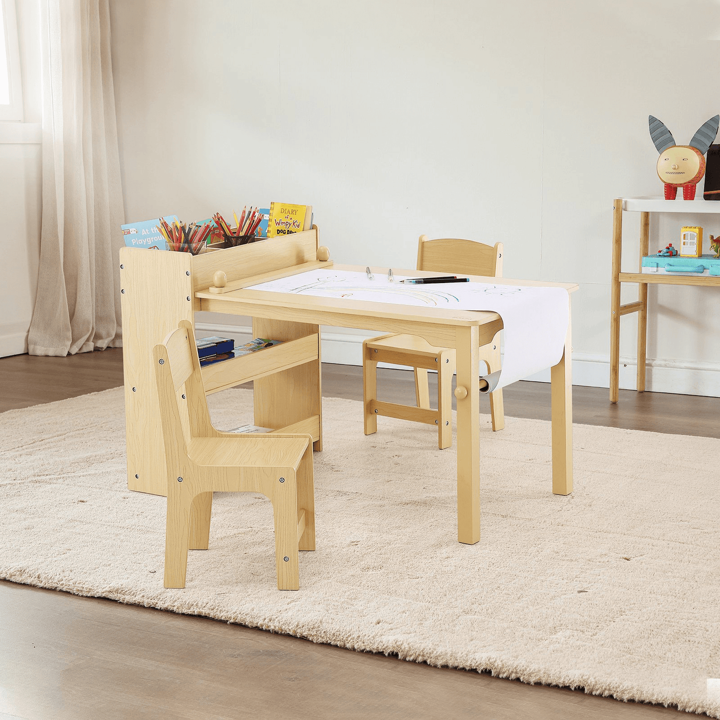 VEVOR Kids Art Table and 2 Chairs, 2-in-1 Toddler Craft and Play Activity Table, Wood Toddler Table and Chair Set with A Cabinet for Art, Craft, Reading, Learning - Loomini