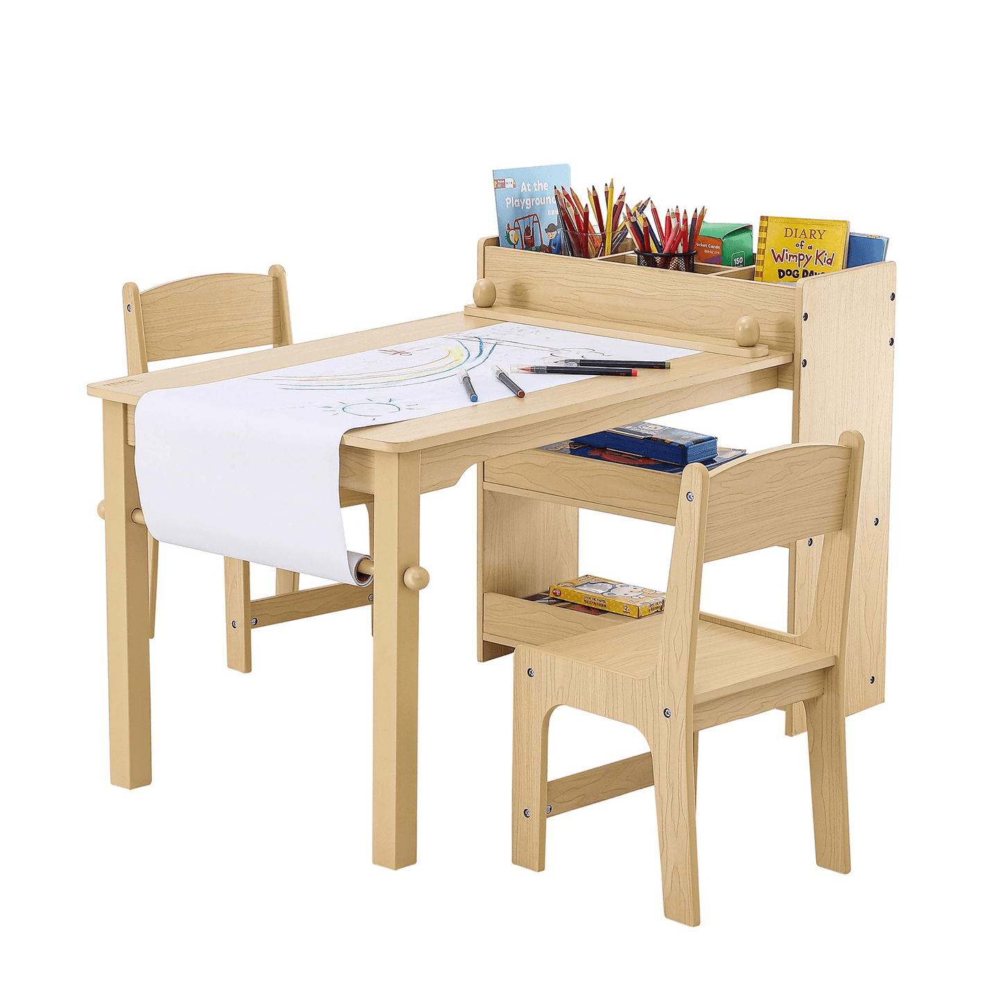 VEVOR Kids Art Table and 2 Chairs, 2-in-1 Toddler Craft and Play Activity Table, Wood Toddler Table and Chair Set with A Cabinet for Art, Craft, Reading, Learning - Loomini