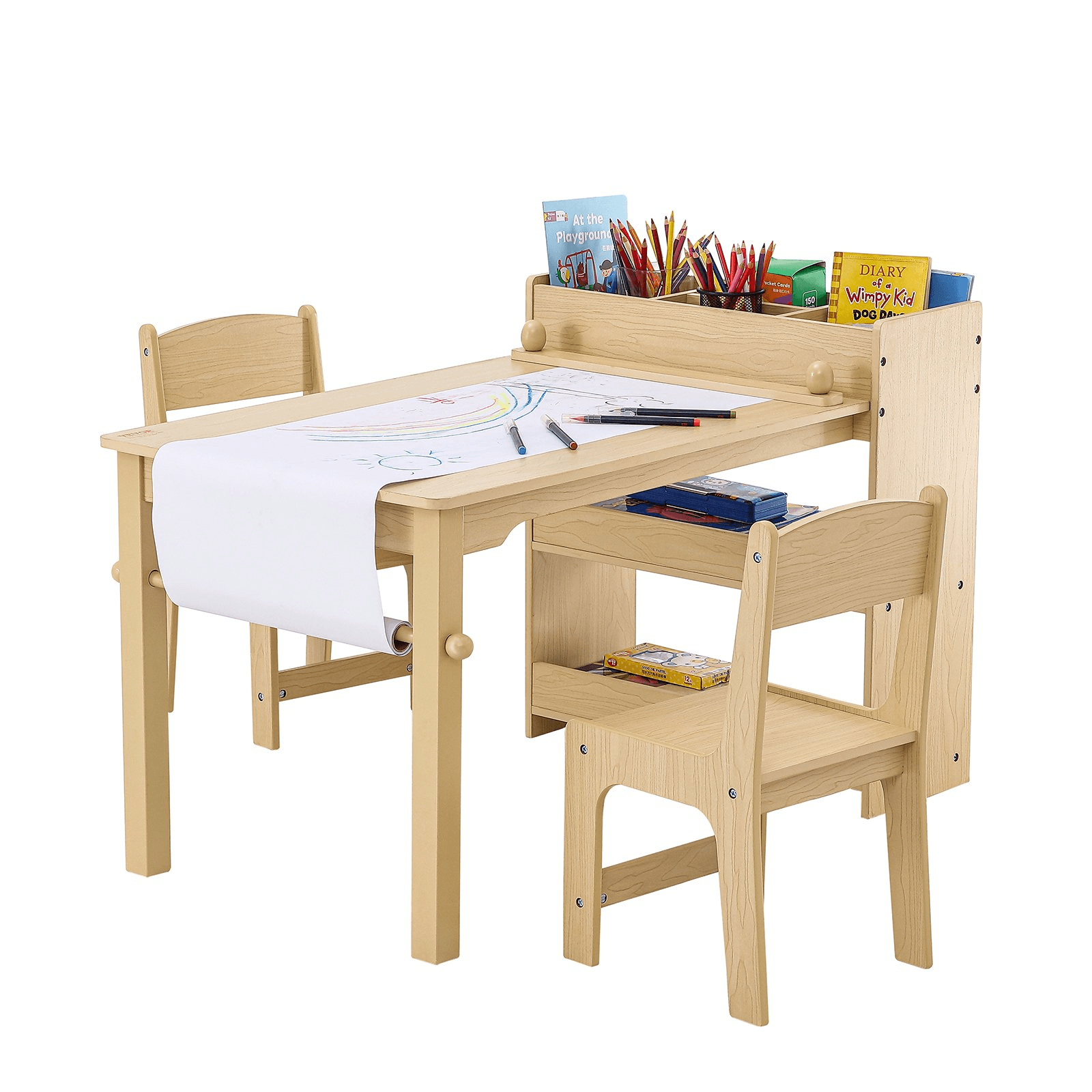 VEVOR Kids Art Table and 2 Chairs, 2-in-1 Toddler Craft and Play Activity Table, Wood Toddler Table and Chair Set with A Cabinet for Art, Craft, Reading, Learning - Loomini