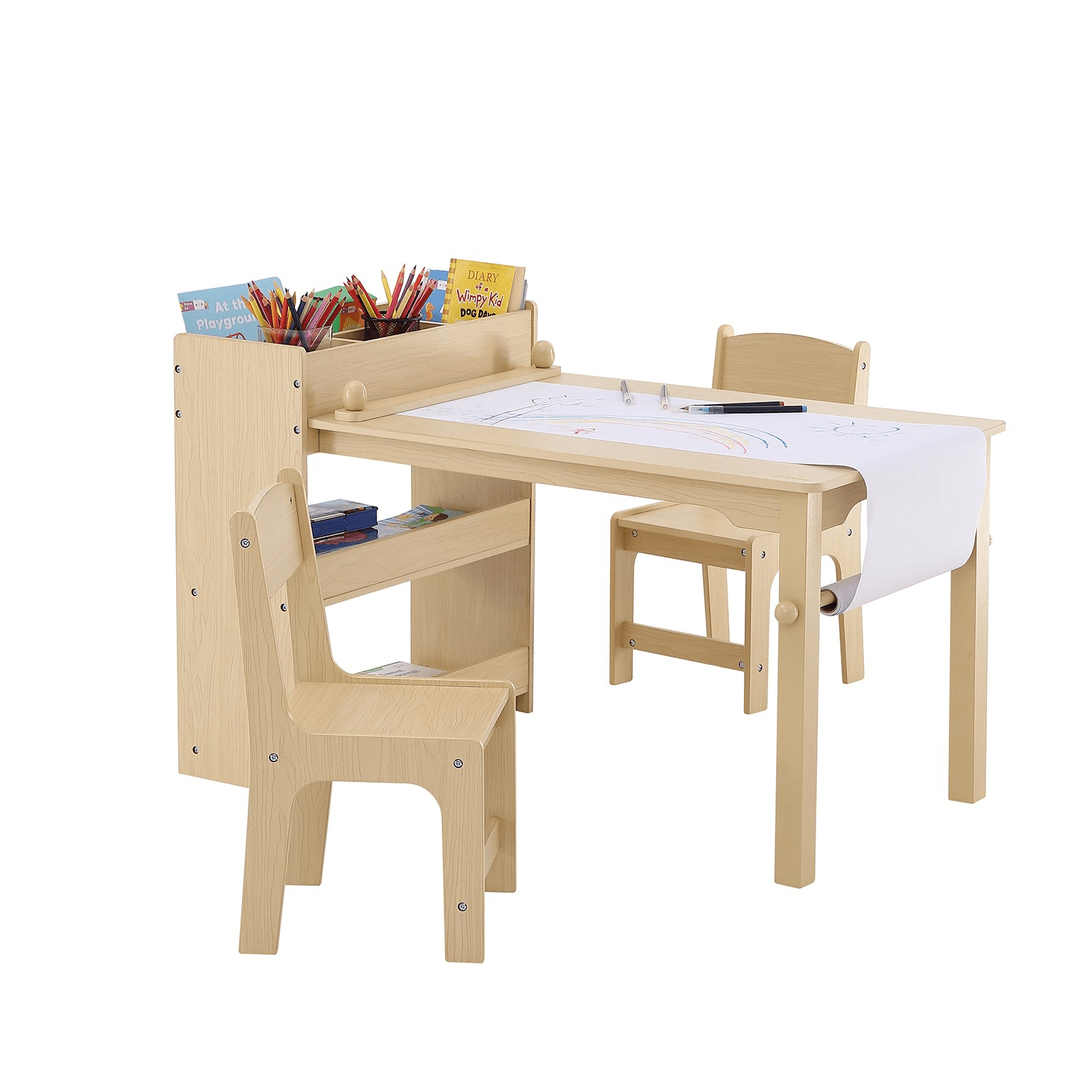 VEVOR Kids Art Table and 2 Chairs, 2-in-1 Toddler Craft and Play Activity Table, Wood Toddler Table and Chair Set with A Cabinet for Art, Craft, Reading, Learning - Loomini