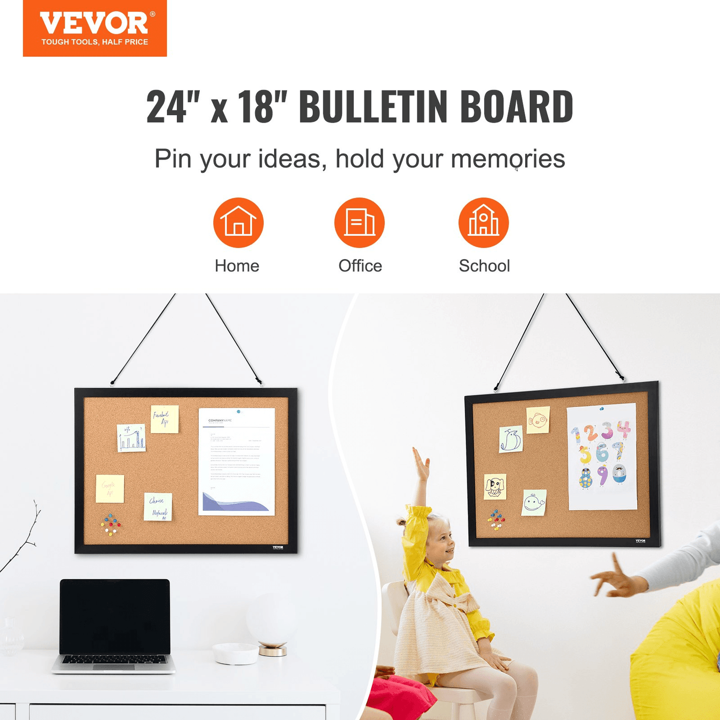 VEVOR Cork Board, 24 x 18 inches, Double-sided Bulletin Board with MDF Sticker Frame, Vision Board Includes 10 Pushpins, for Display and Decoration in Office Home and School - Loomini