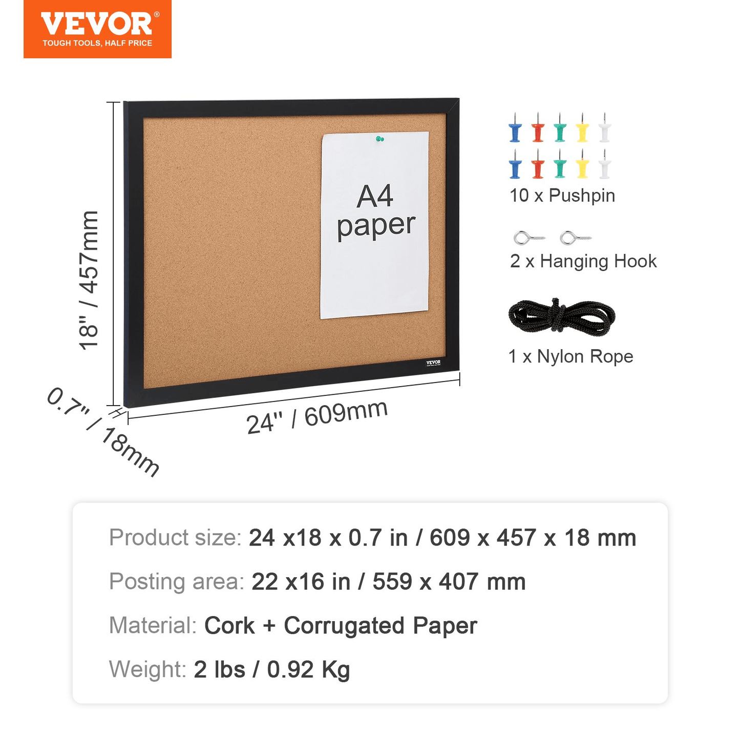 VEVOR Cork Board, 24 x 18 inches, Double-sided Bulletin Board with MDF Sticker Frame, Vision Board Includes 10 Pushpins, for Display and Decoration in Office Home and School - Loomini