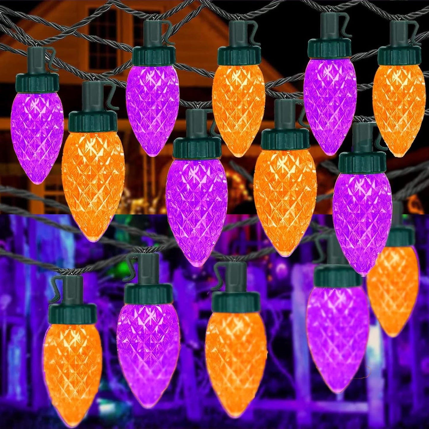 2PK 100 LED 98FT Orange and Purple C9 Halloween Lights Waterproof Indoor Outdoor, Extendable Halloween String Lights Green Wire for outside Party Trees Fall Lights Garden Halloween Decorations