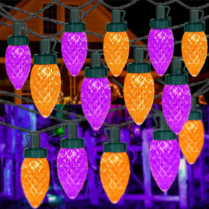 2PK 100 LED 98FT Orange and Purple C9 Halloween Lights Waterproof Indoor Outdoor, Extendable Halloween String Lights Green Wire for outside Party Trees Fall Lights Garden Halloween Decorations