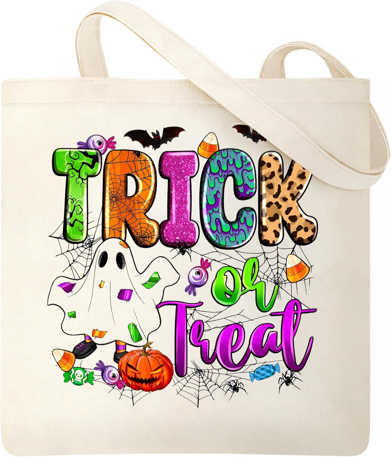 13" Halloween Tote Bag with Handles Halloween Candy Bag Reusable Canvas Bag for Trick or Treating Reusable Grocery Bags