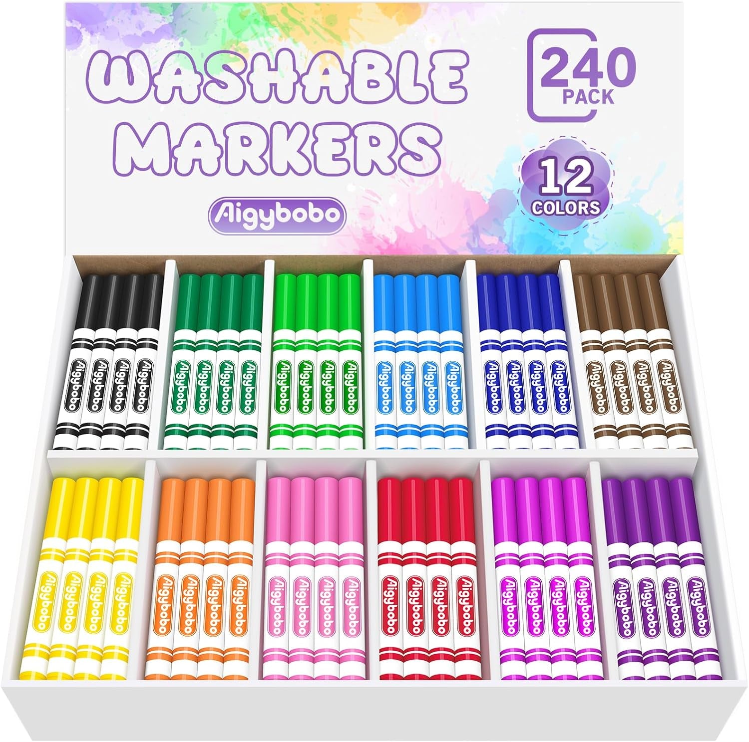 240 Count Washable Markers Bulk, 12 Assorted Colors, Broad Line Conical Tip Coloring Markers for Kids, Markers Bulk Pack for Classroom, School Art Supplies & Back to School Supplies