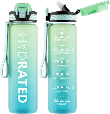 Water Bottle with Straw, 32 Oz Motivational Water Bottles with Time Marker to Drink, Tritan BPA Free, 1L Sports Water Bottle with Carry Strap Leakproof for Men Gym Fitness Outdoor (1 Pack)