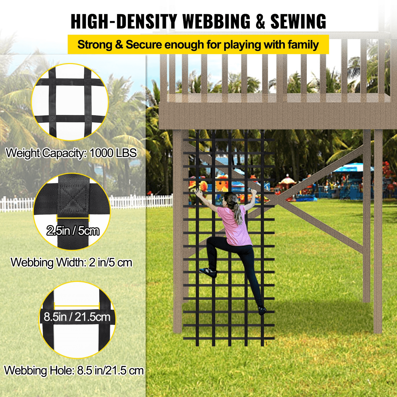 VEVOR Climbing Cargo Net, 12' x 4' Playground Climbing Net, Polyester Material, Rope Ladder, Swingset, Large Military Climbing Cargo Net for Kids & Adult, Indoor & Outdoor, Treehouse, Jungle Gyms - Loomini