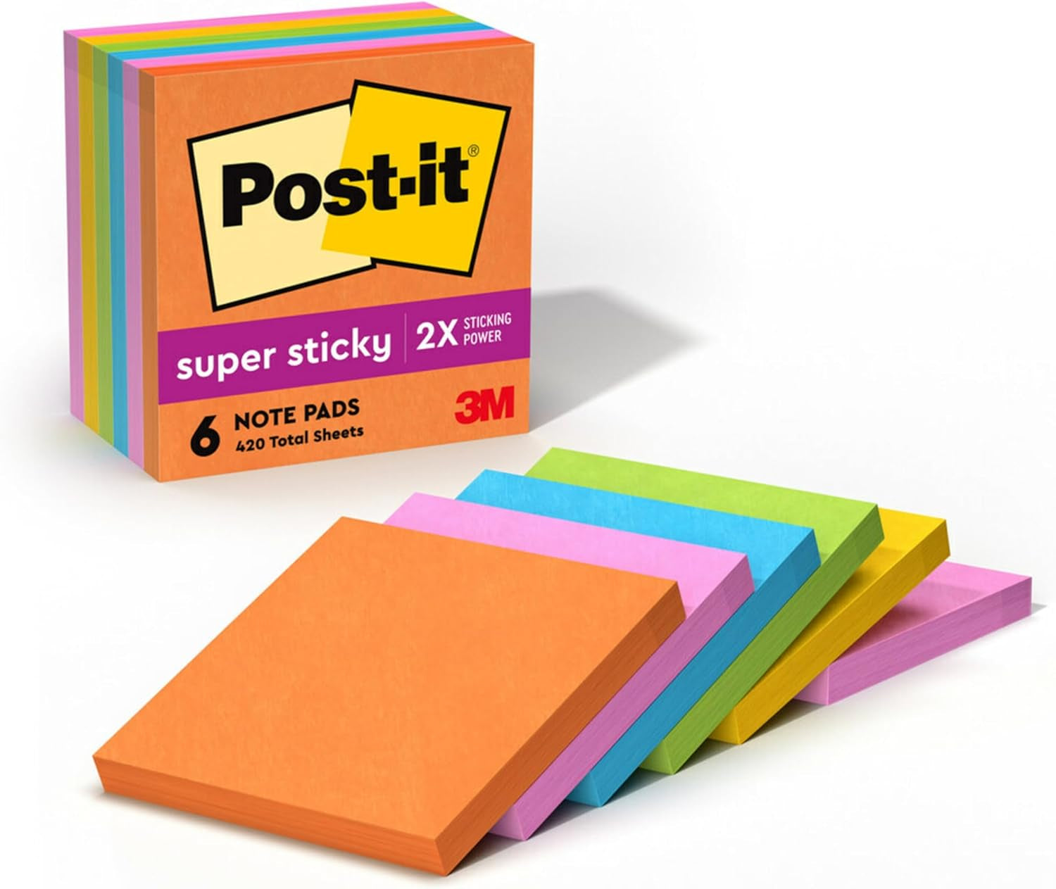 Super Sticky Notes, 3X3 In, 6 Pads, 2X the Sticking Power, Energy Boost Collection, Bright Colors (Orange, Pink, Blue, Green,Yellow),Recyclable (654-6SSAU)