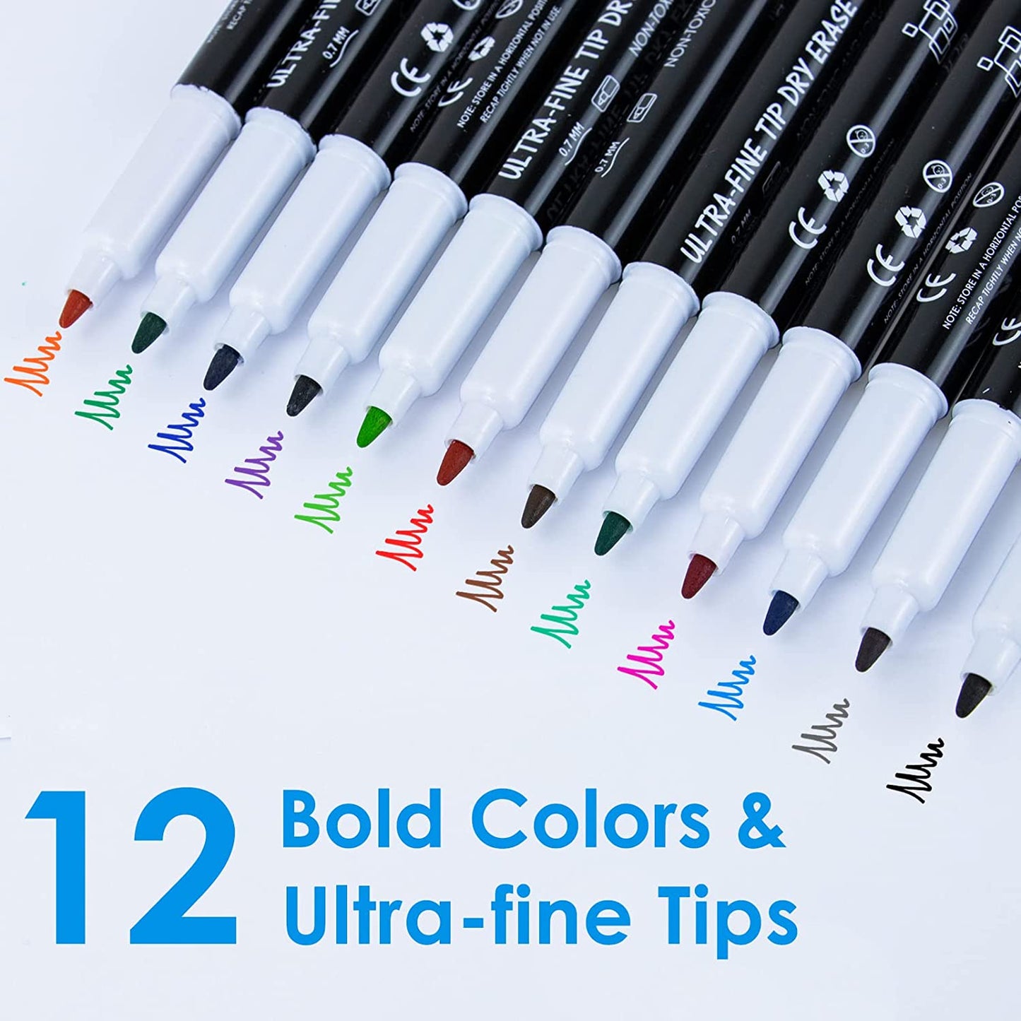 Dry Erase Markers Ultra Fine Tip, 0.7Mm, Low Odor, Extra Fine Point Dry Erase Markers for Planning Whiteboard, Calendar Boards, 12 Count Assorted Colors Whiteboard Markers for Kids