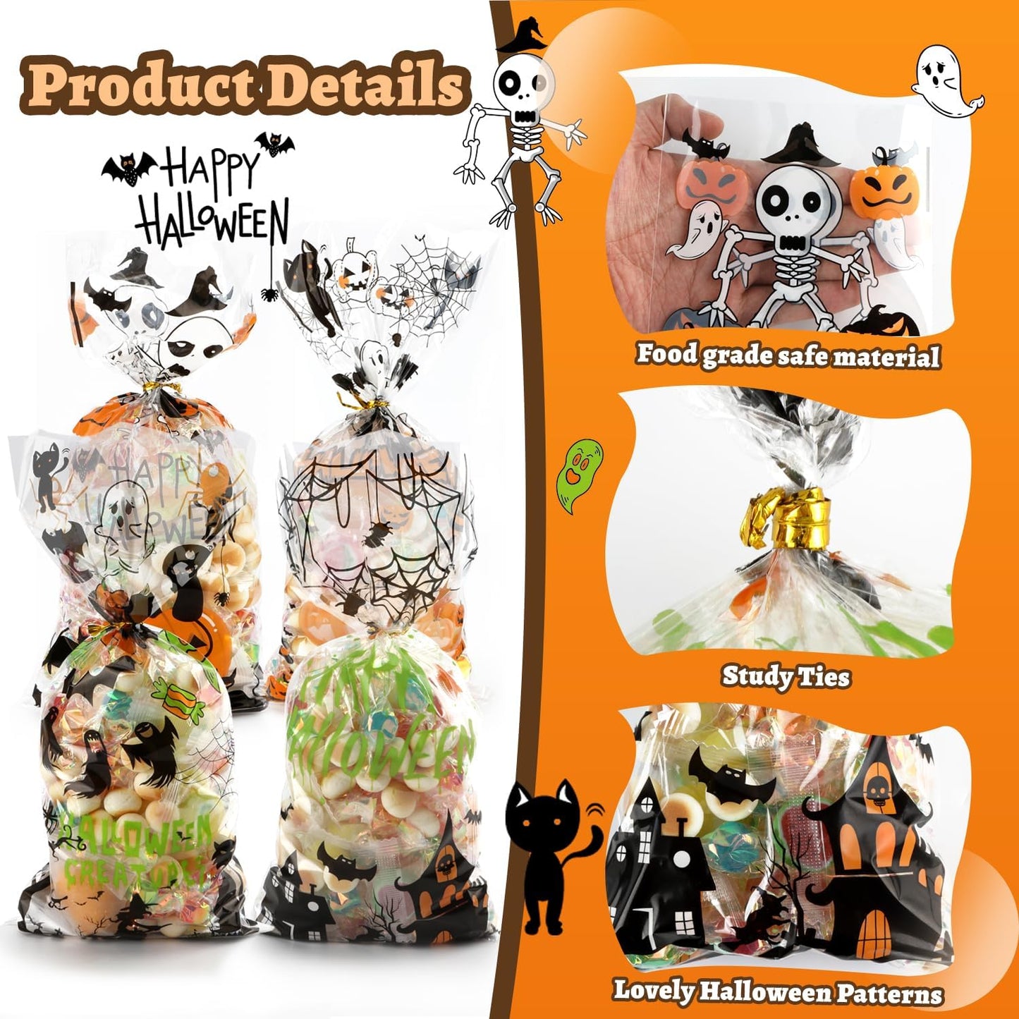 Halloween Cellophane Treat Bags, 100PCS Halloween Treat Bags, Halloween Candy Bags with Twist Ties for Halloween Trick or Treat Party Favors Supplies, Halloween Bags Bulk with Fun Friendly Designs