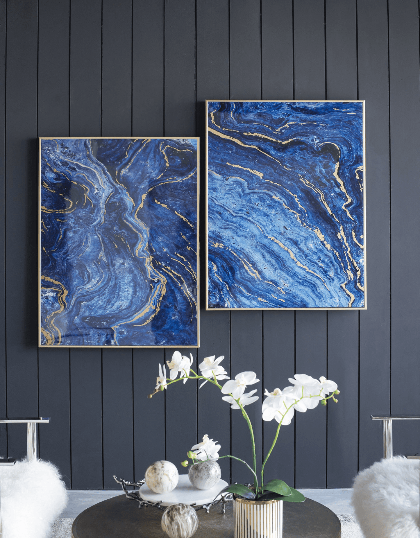 Set of 2 Blue and Gold Framed Art Panels, Unique Marbled Design, 30.5" x 40" - Loomini