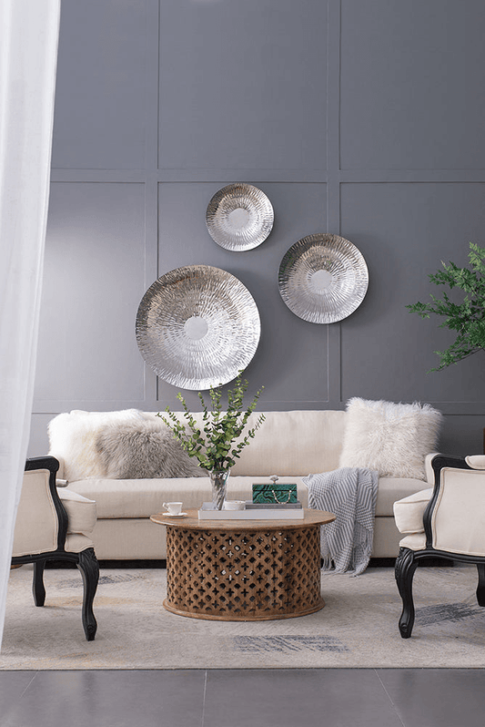 Silver Textured Oversized Disc, Wall Decor for Living Room Bedrrom Entryway Office, Set of 3 - Loomini