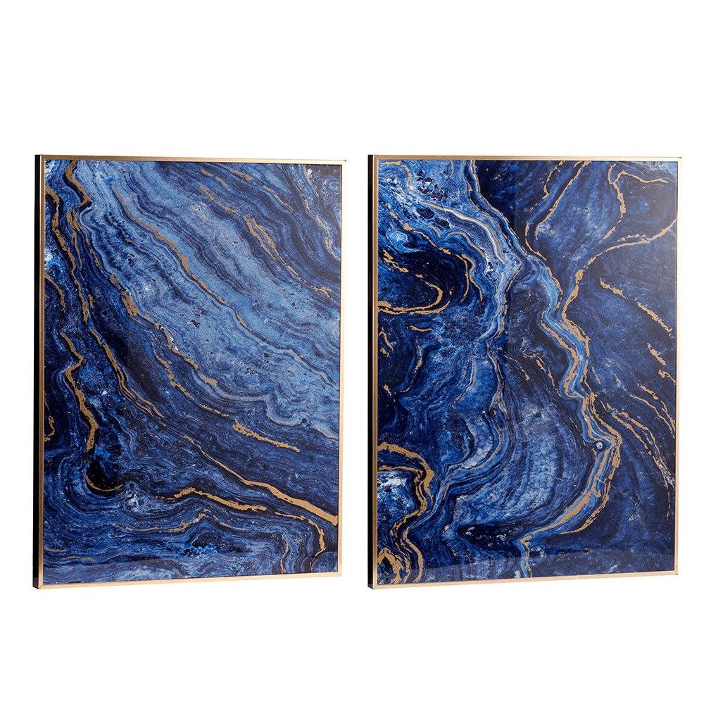 Set of 2 Blue and Gold Framed Art Panels, Unique Marbled Design, 30.5" x 40" - Loomini