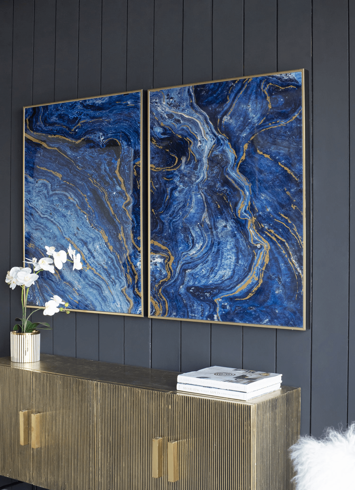 Set of 2 Blue and Gold Framed Art Panels, Unique Marbled Design, 30.5" x 40" - Loomini